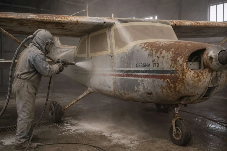 Самолёт Cessna 172 в процессе пескоструйной обработки